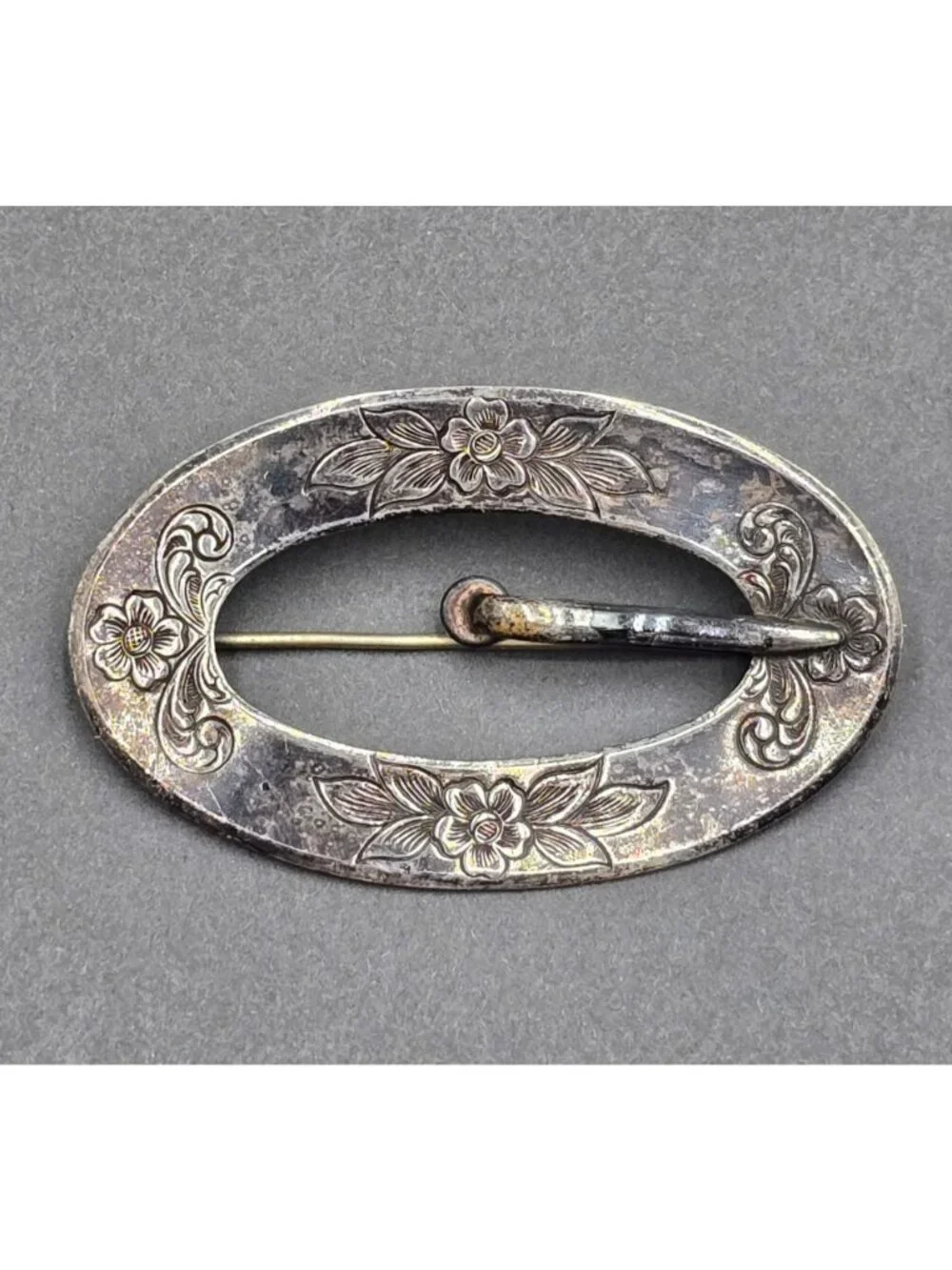 Antique Victorian Silver Oval Belt Buckle Brooch 3" Embossed Floral Accents - Picture 2 of 10